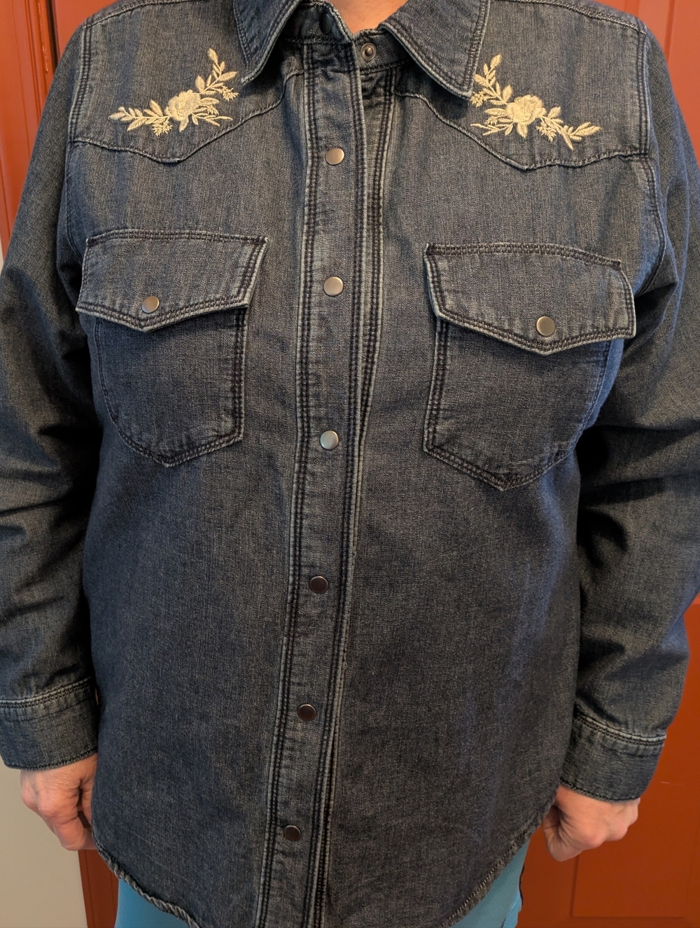 Embroidered Dark Denim Western Shirt Jacket